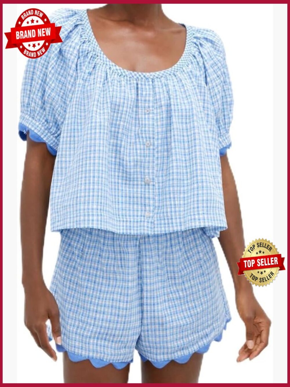 Women's Casual Summer Gingham Top & Shorts Set with Puff Sleeves